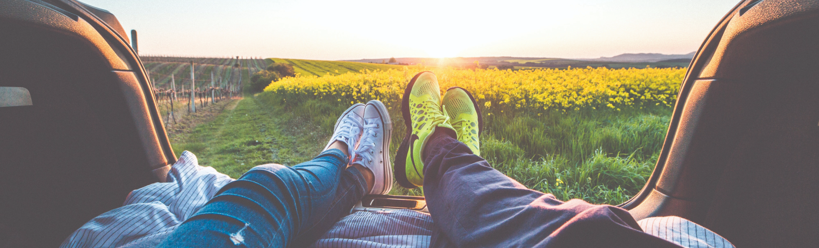 Two people laying down in the trunk of a car looking out at a field of flowers.